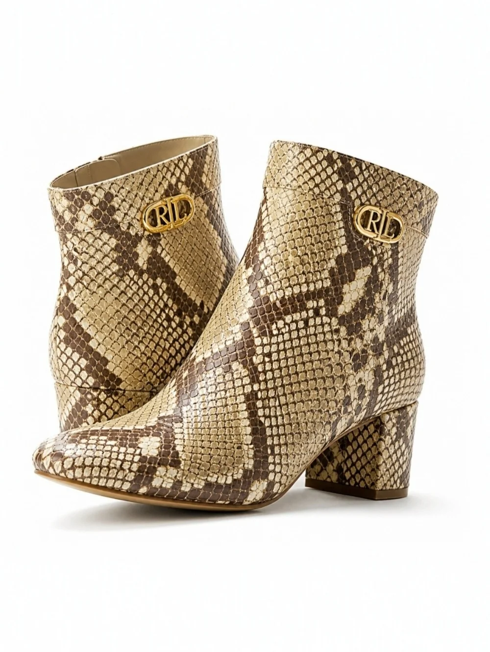 Ralph Lauren Wynne II Snake Print Leather Ankle Boots 10B Python Block Heel NIB